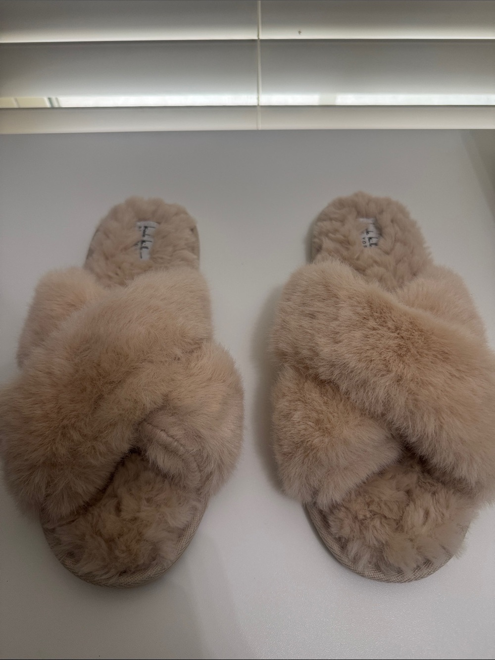Nicole Miller Plush Crisscross Faux-Fur Slide Slippers - Taupe